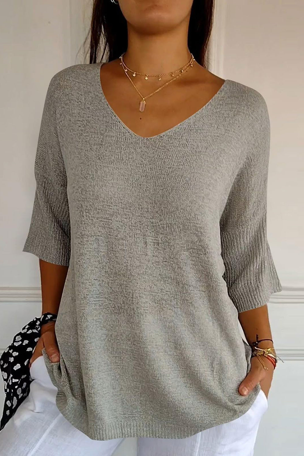 V-Neck Three-Quarter Sleeve Knit Top