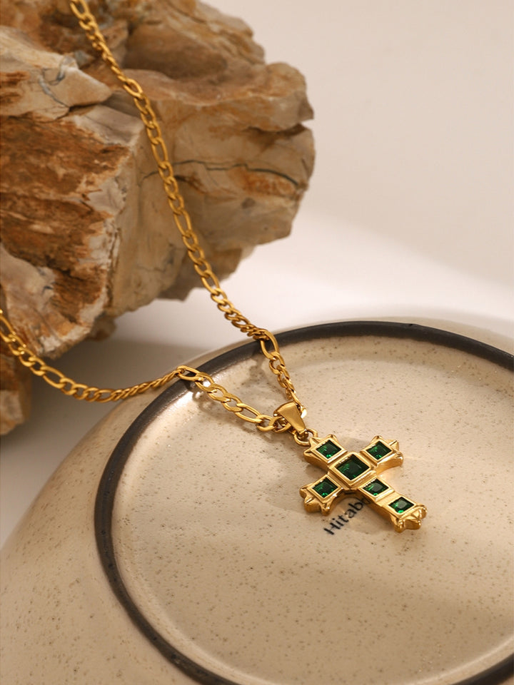 Stainless Steel Zircon Cross Pendant Necklace