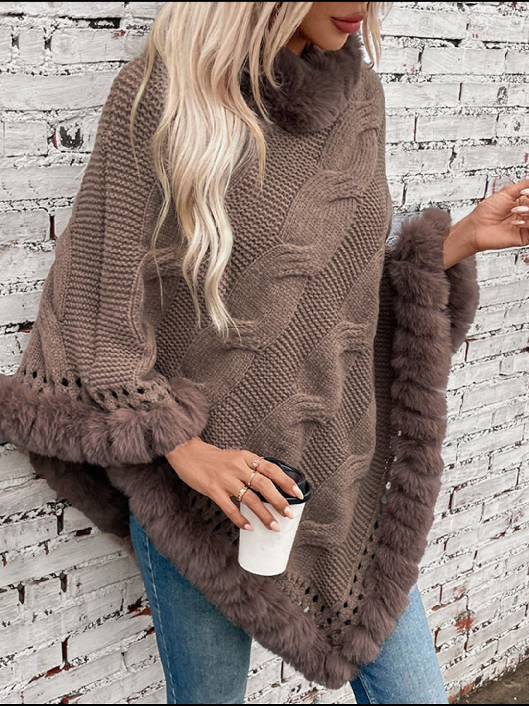 Fuzzy Hem Cable-Knit Poncho