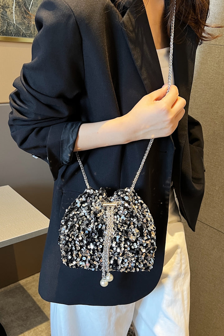 Sequin Chain Drawstring Bucket Bag