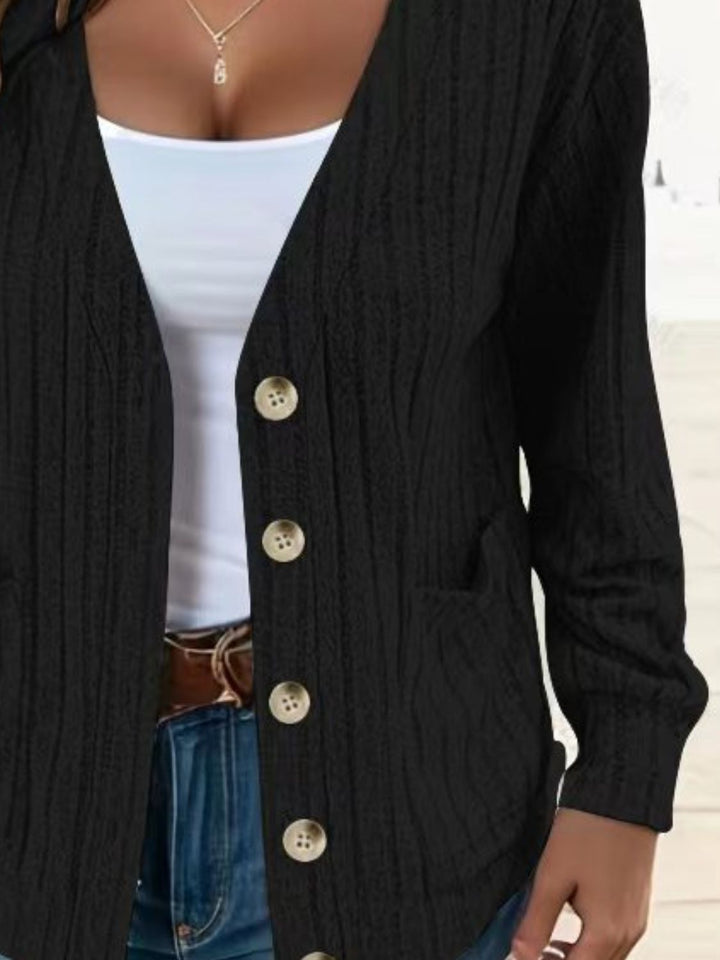 Full Size Button Up V-Neck Long Sleeve Cardigan