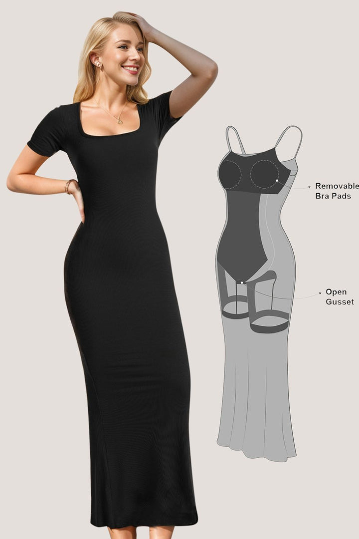 Short Sleeve Maxi Dress Square Neck Full Size Built-In Shapewear