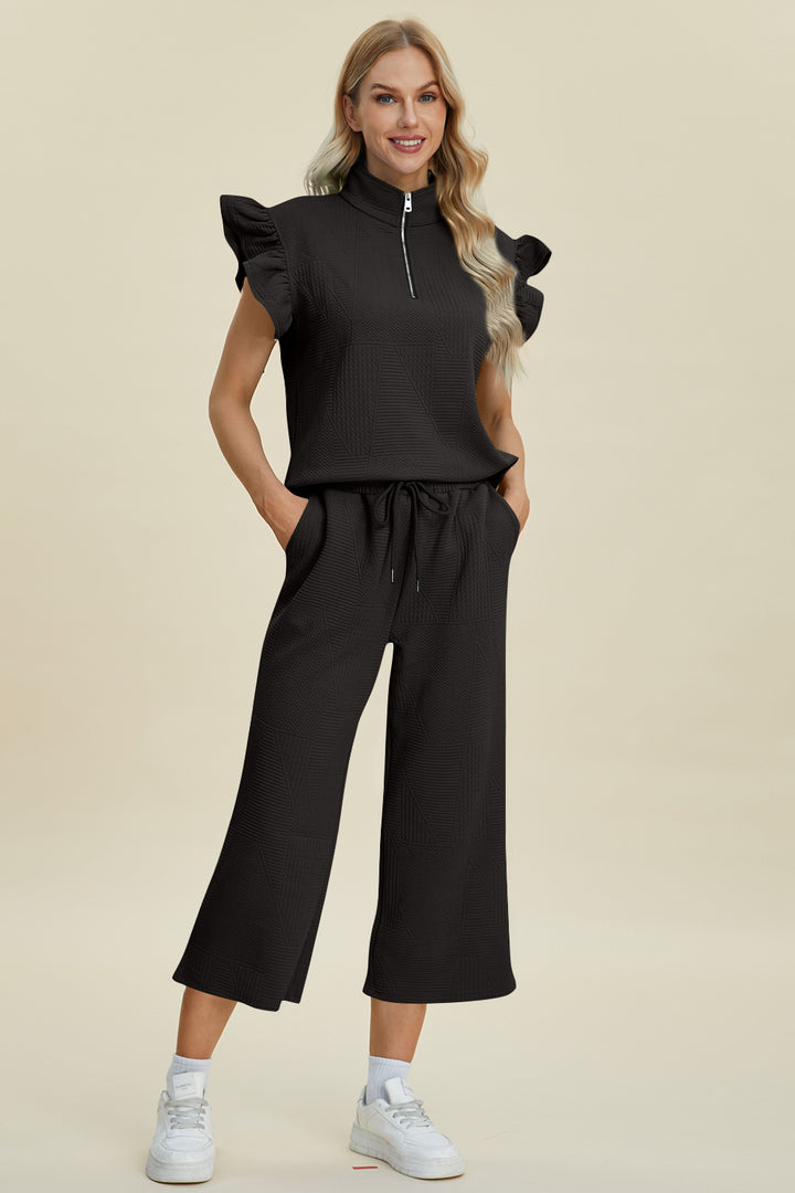 Double Take Full Size Texture Ruffle Short Sleeve Top and Wide Leg Pants Set