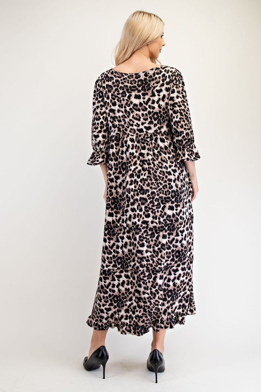 Celeste Full Size Leopard Round Neck Flounce Sleeve Dress