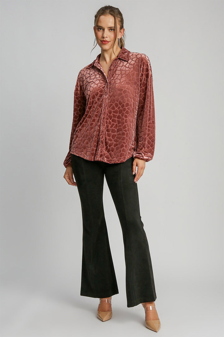 Umgee Animal Print Button Up Velvet Shirt