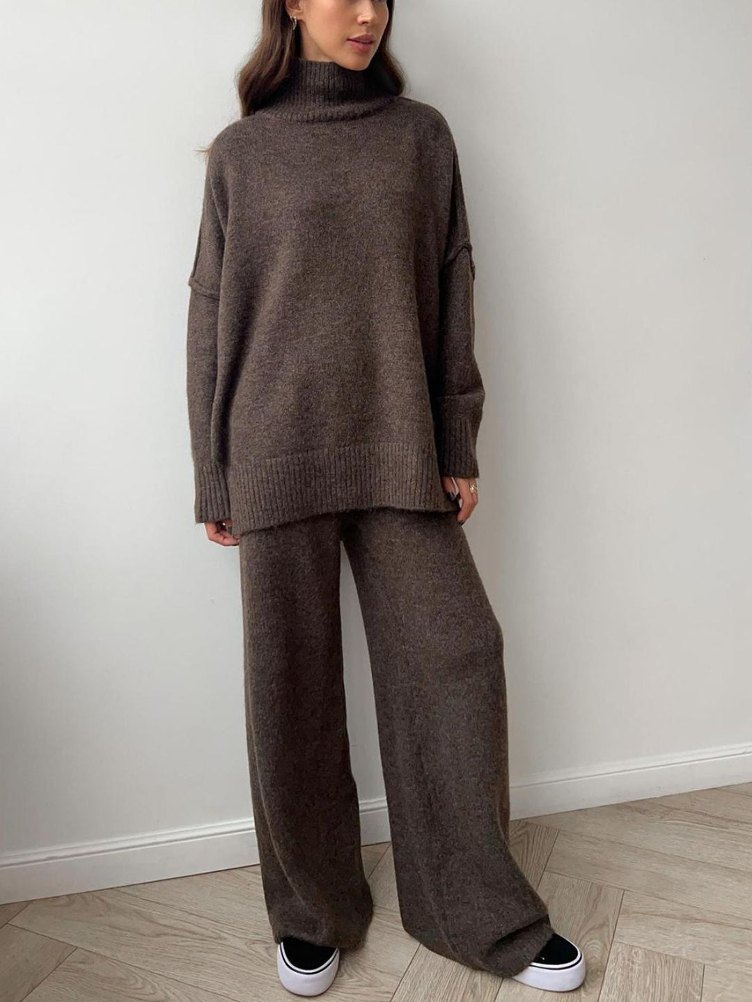 Slit Turtleneck Long Sleeve Top and Pants Sweater Set