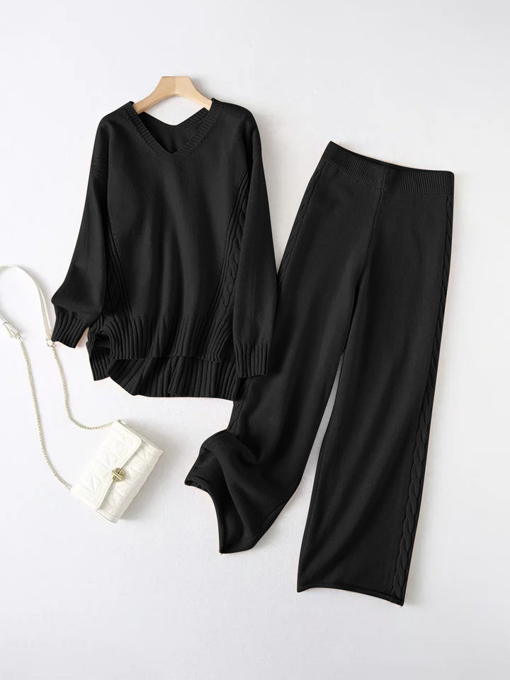 Slit V-Neck Long Sleeve Top and Pants Sweater Set