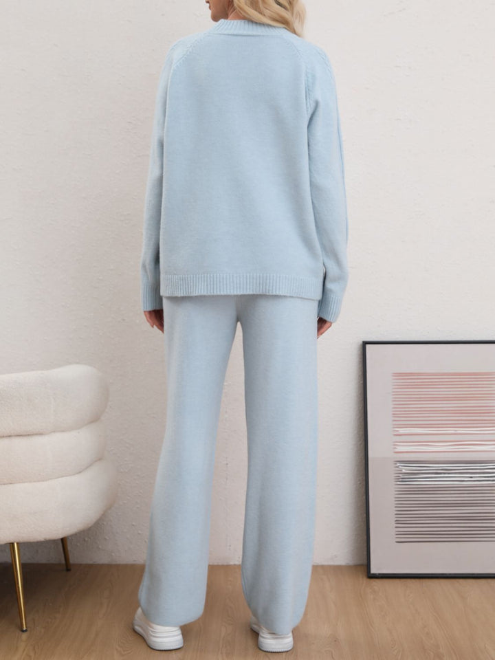 Mock Neck Long Sleeve Top and Pants Sweater Set