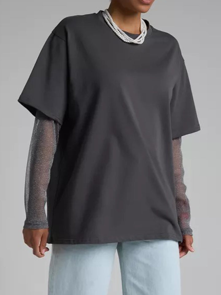 Faux Layered Round Neck Mesh Sleeve Top