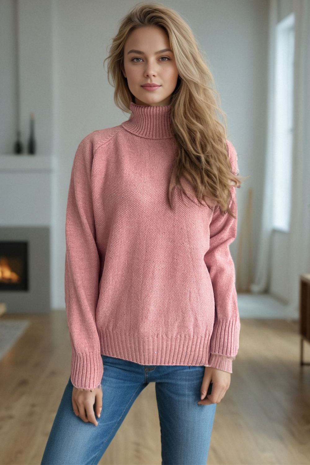 Ribbed Turtleneck Raglan Sleeve Sweater