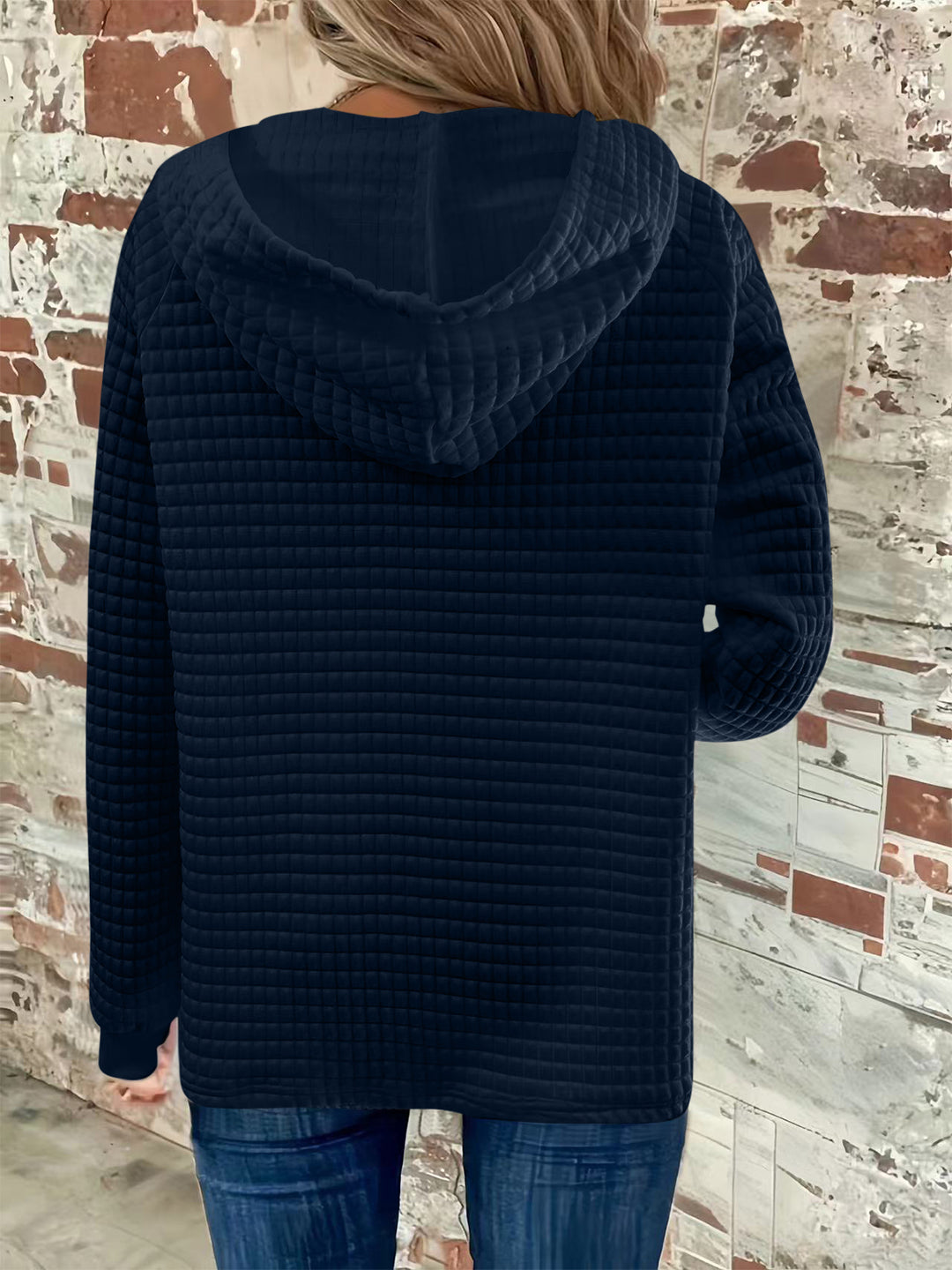 Full Size Texture Button Detail Drawstring Long Sleeve Hoodie