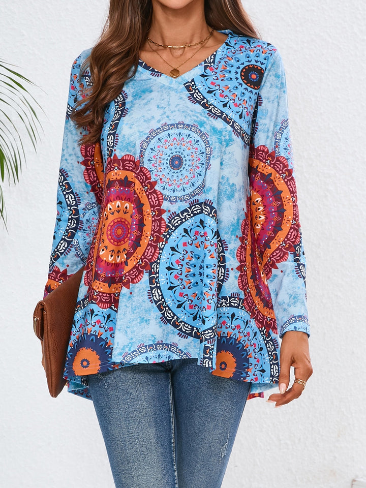 Geometric Printed V-Neck Long Sleeve T-Shirt