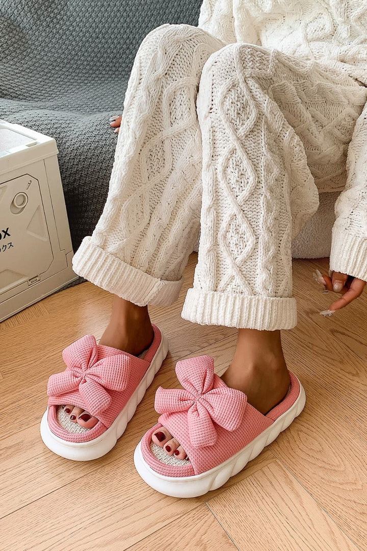 Bow Waffle-Knit Platform Slippers