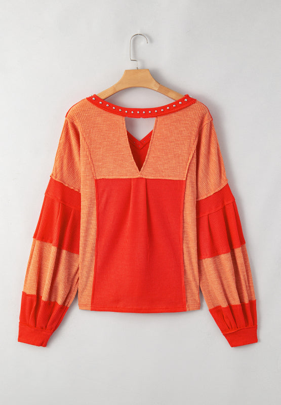 Studded Waffle-Knit V-Neck Long Sleeve Top