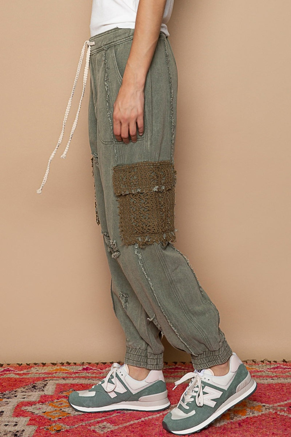 POL Distressed Cargo Denim Jogger with Crochet Pockets