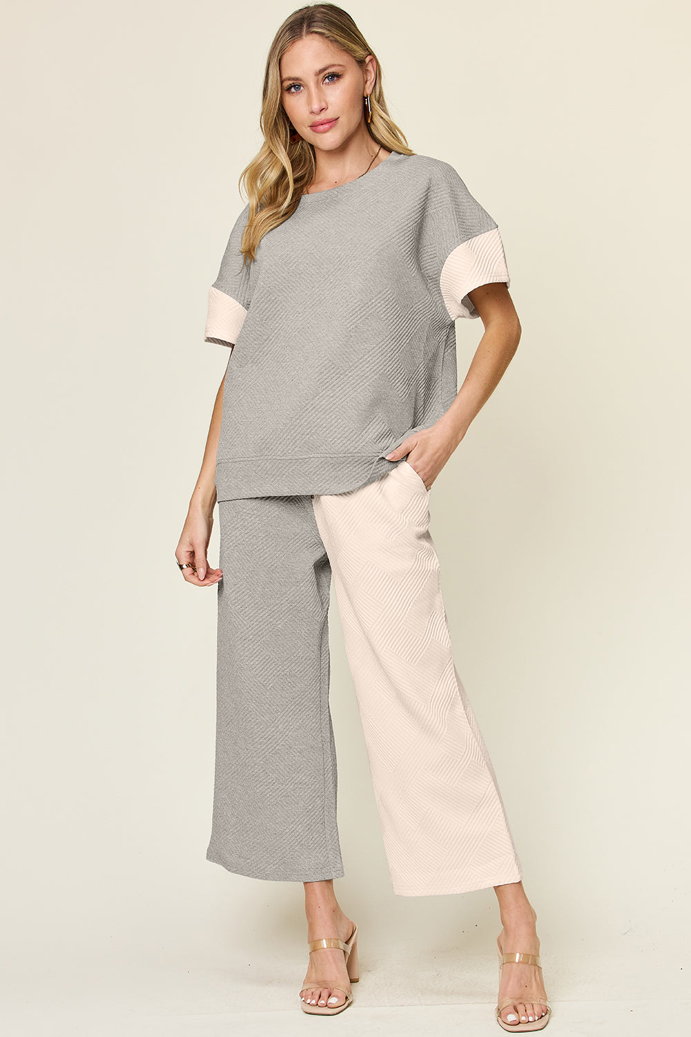 4 Colors* Boujie Babe Textured Contrast T-Shirt and Wide Leg Pants Set