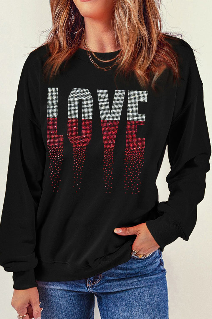 Rhinestone LOVE Round Neck Long Sleeve Sweatshirt