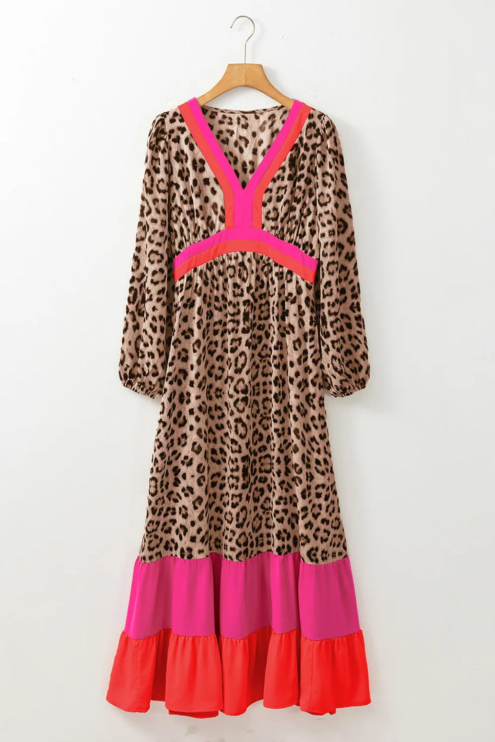 Leopard V-Neck Long Sleeve Maxi Dress