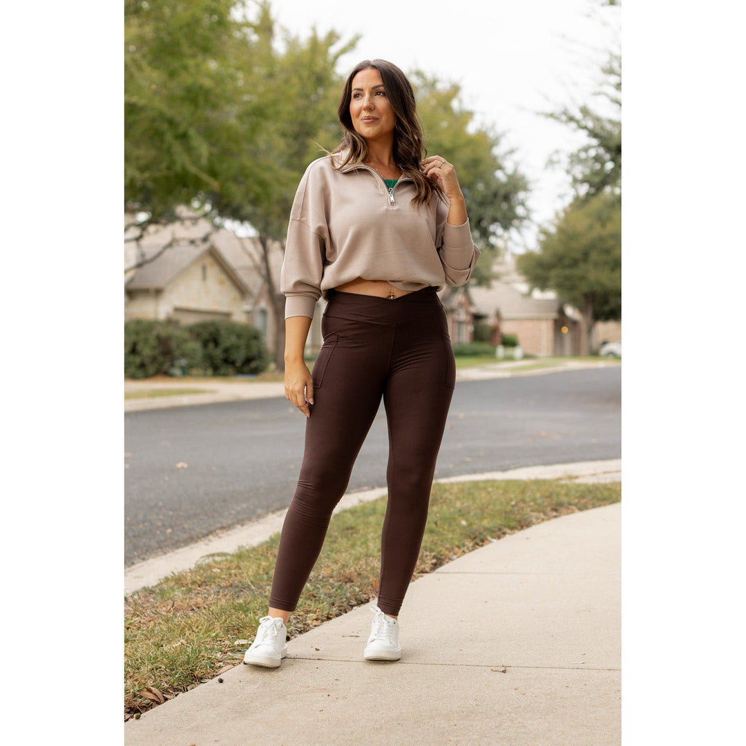 BROWN Crossover Full Length Leggings with Pockets - Luxe Leggings by Julia Rose®