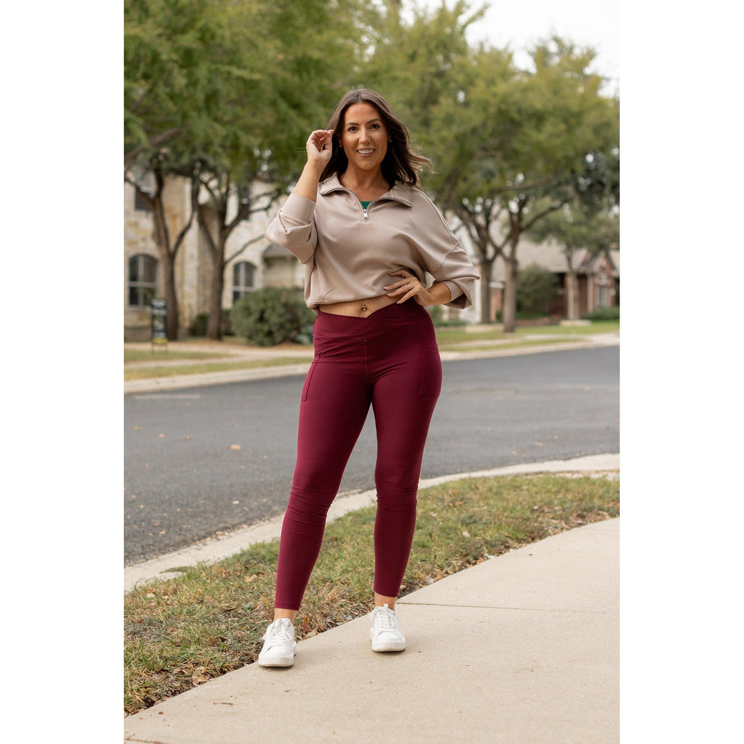 MAROON Crossover Full Length Leggings with Pockets  - Luxe Leggings by Julia Rose®