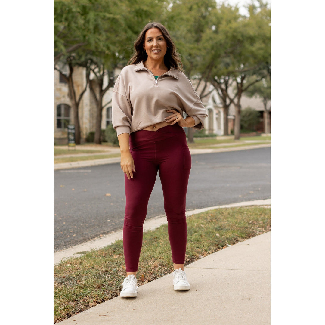 MAROON Crossover Full Length Leggings with Pockets  - Luxe Leggings by Julia Rose®