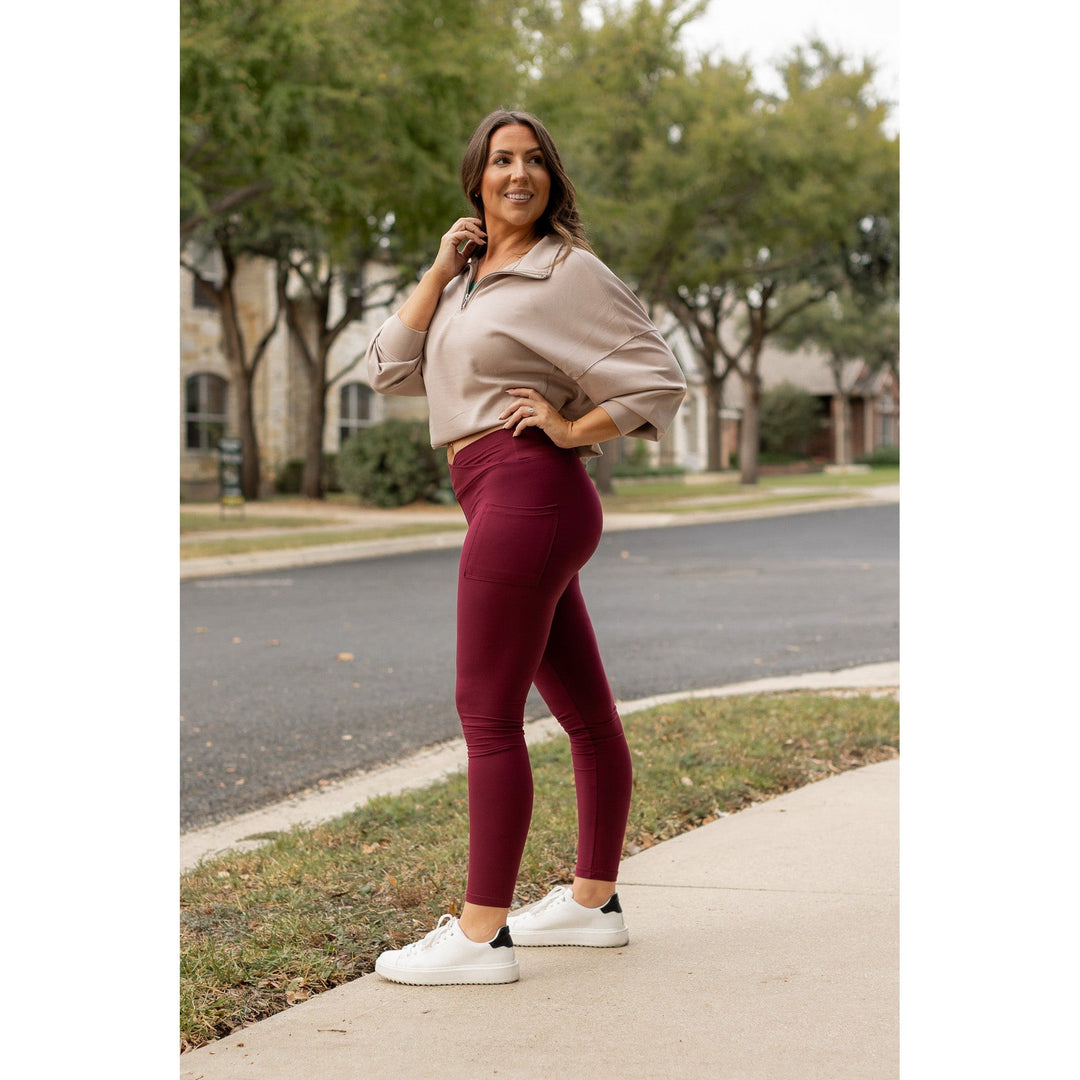 MAROON Crossover Full Length Leggings with Pockets  - Luxe Leggings by Julia Rose®