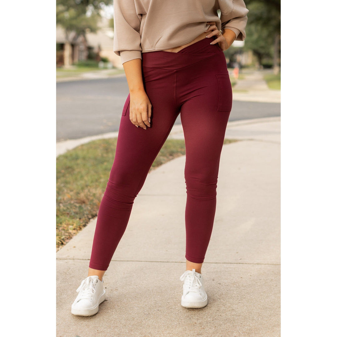 MAROON Crossover Full Length Leggings with Pockets  - Luxe Leggings by Julia Rose®