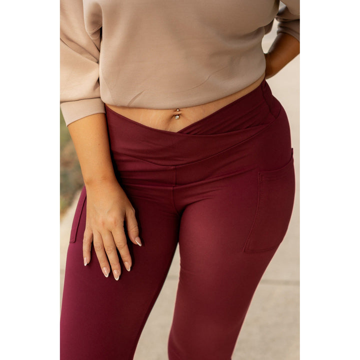 MAROON Crossover Full Length Leggings with Pockets  - Luxe Leggings by Julia Rose®