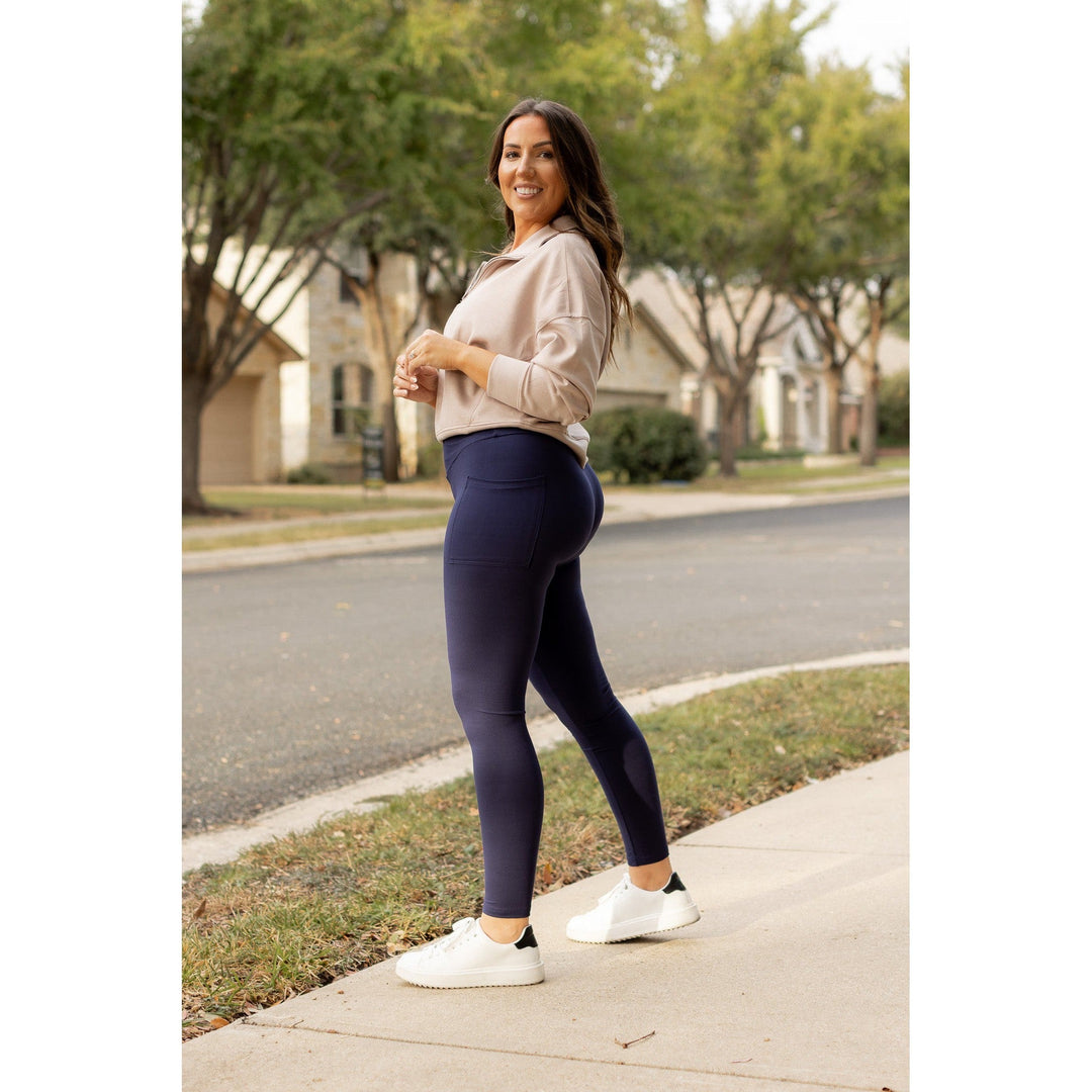 NAVY Crossover Full Length Leggings with Pockets  - Luxe Leggings by Julia Rose®