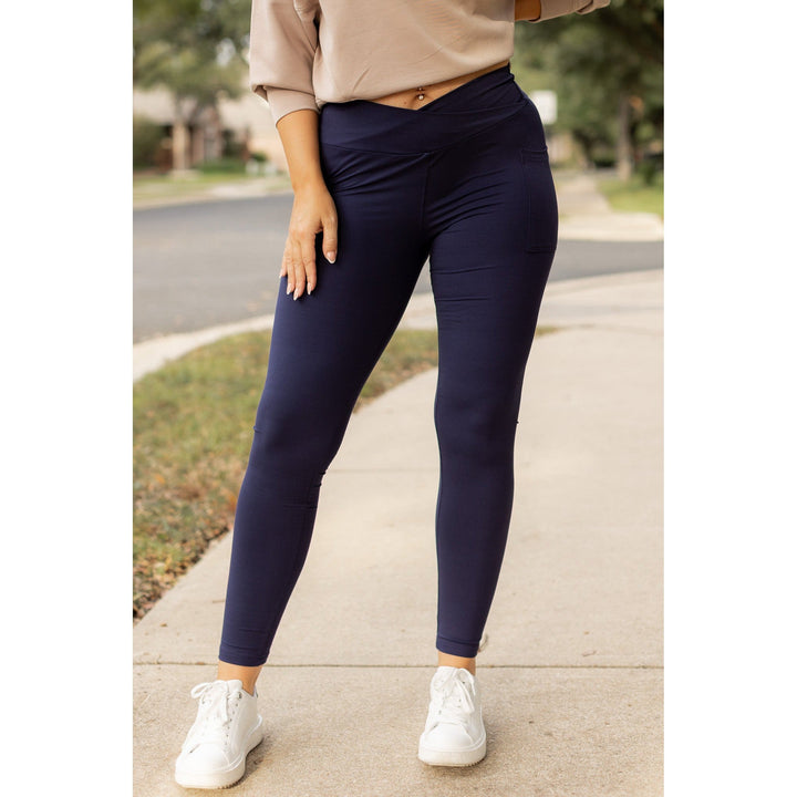 NAVY Crossover Full Length Leggings with Pockets  - Luxe Leggings by Julia Rose®