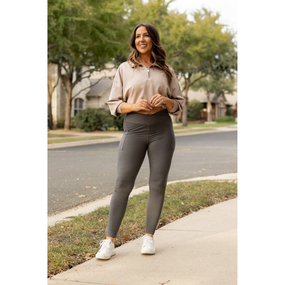 CHARCOAL Crossover Full Length Leggings with Pockets  - Luxe Leggings by Julia Rose®