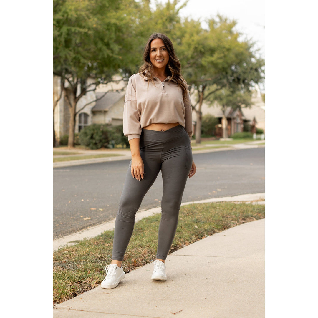 CHARCOAL Crossover Full Length Leggings with Pockets  - Luxe Leggings by Julia Rose®