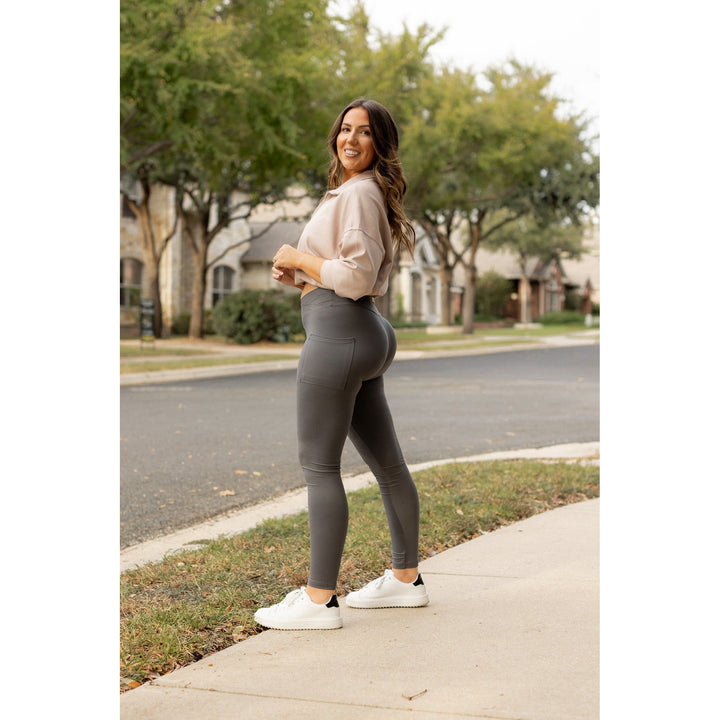 CHARCOAL Crossover Full Length Leggings with Pockets  - Luxe Leggings by Julia Rose®