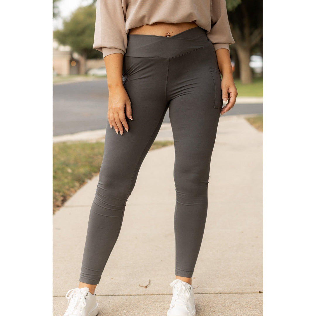 CHARCOAL Crossover Full Length Leggings with Pockets  - Luxe Leggings by Julia Rose®