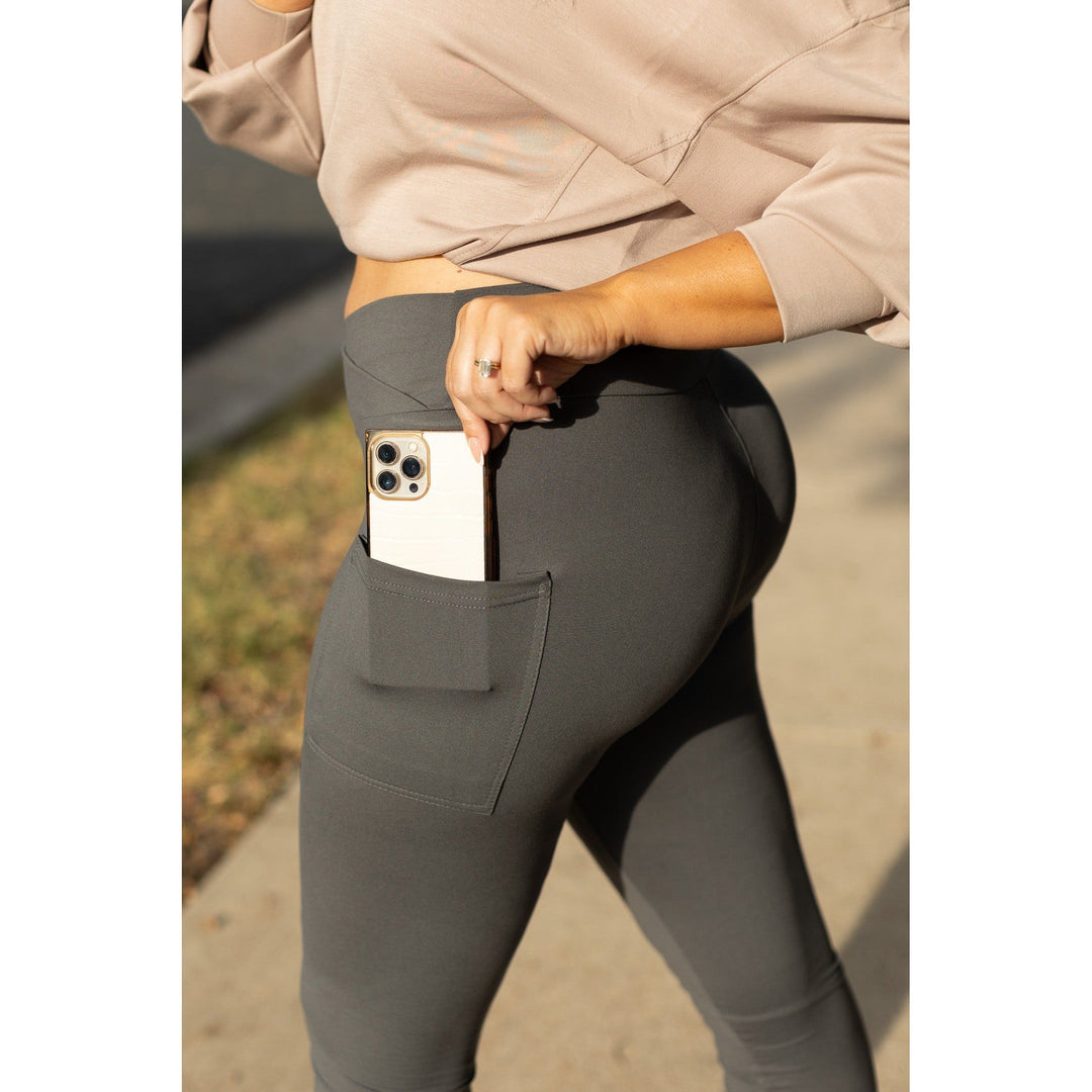 CHARCOAL Crossover Full Length Leggings with Pockets  - Luxe Leggings by Julia Rose®