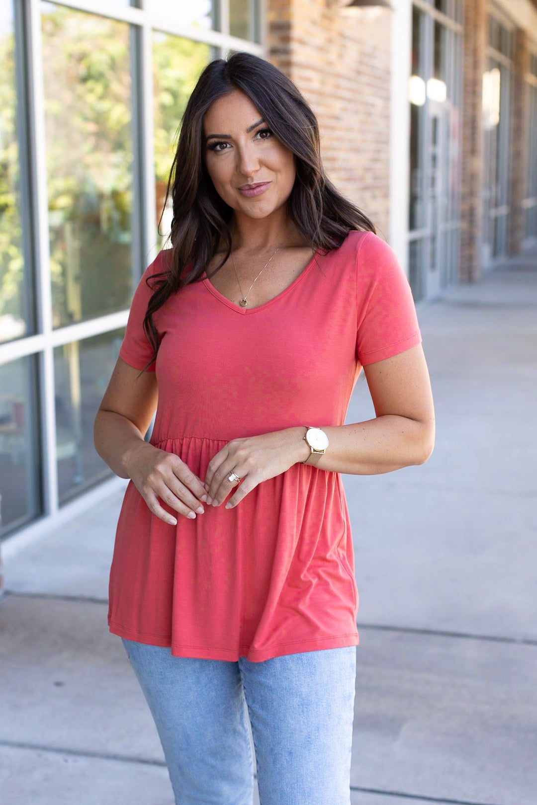 IN STOCK Sarah Ruffle Short Sleeve - Deep Coral