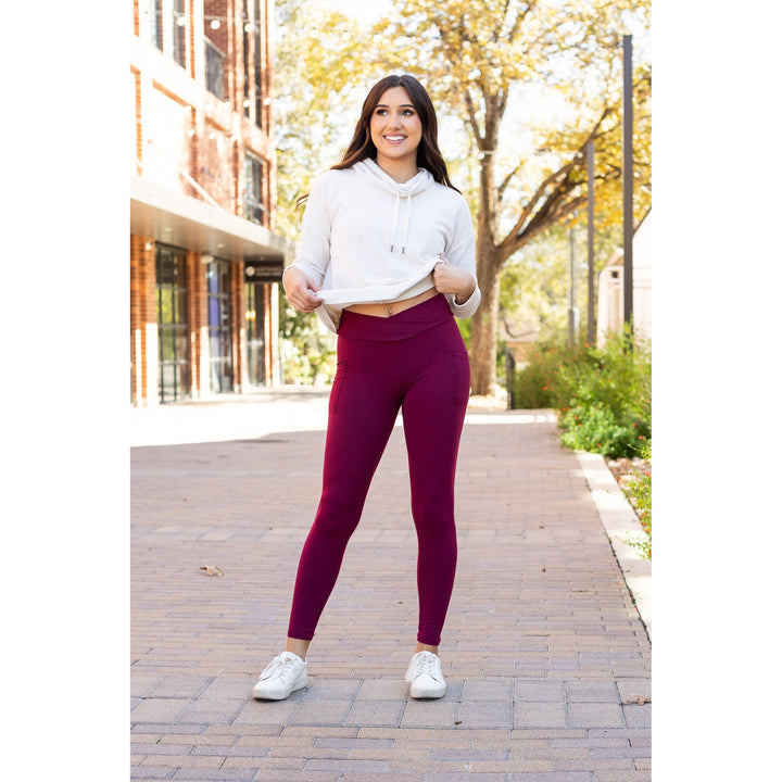 MAROON Crossover Full Length Leggings with Pockets  - Luxe Leggings by Julia Rose®