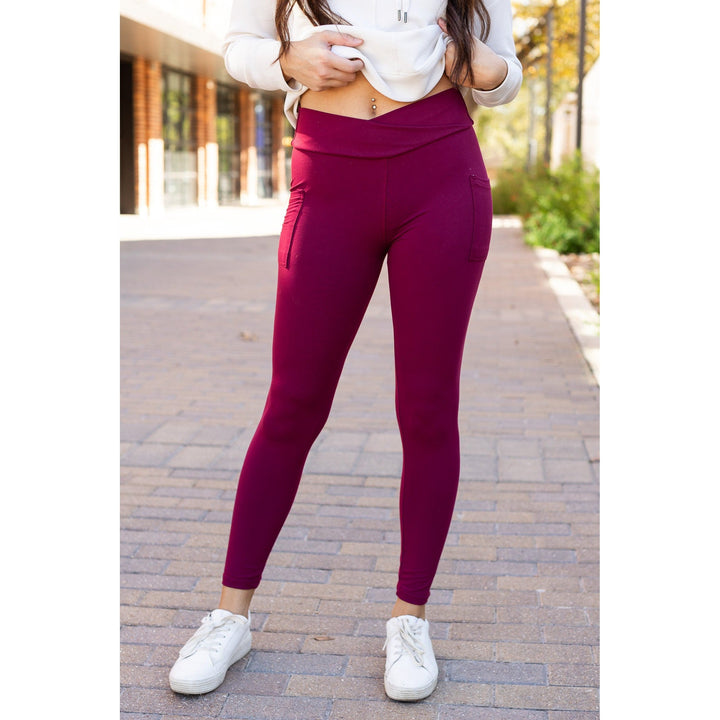 MAROON Crossover Full Length Leggings with Pockets  - Luxe Leggings by Julia Rose®