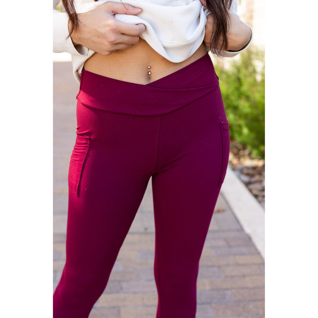 MAROON Crossover Full Length Leggings with Pockets  - Luxe Leggings by Julia Rose®