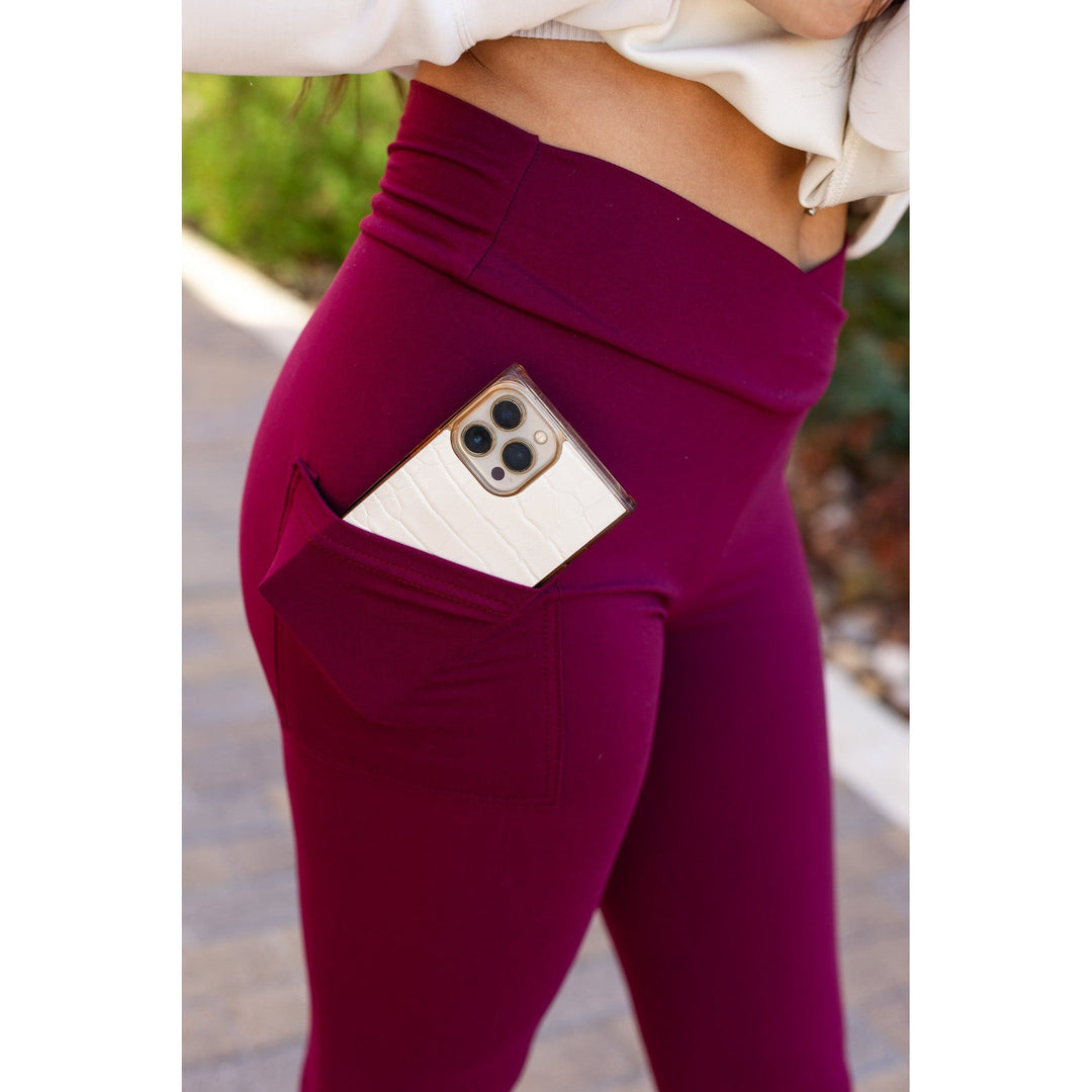 MAROON Crossover Full Length Leggings with Pockets  - Luxe Leggings by Julia Rose®