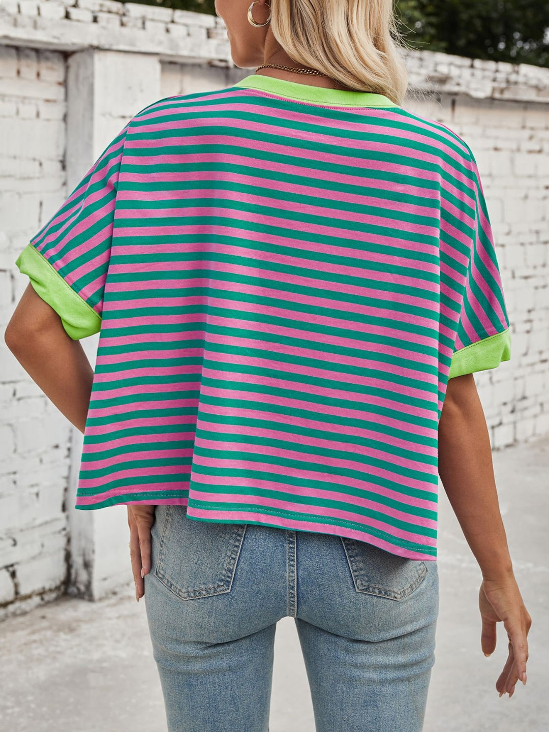 Lovelet Striped Round Neck Short Sleeve T-Shirt