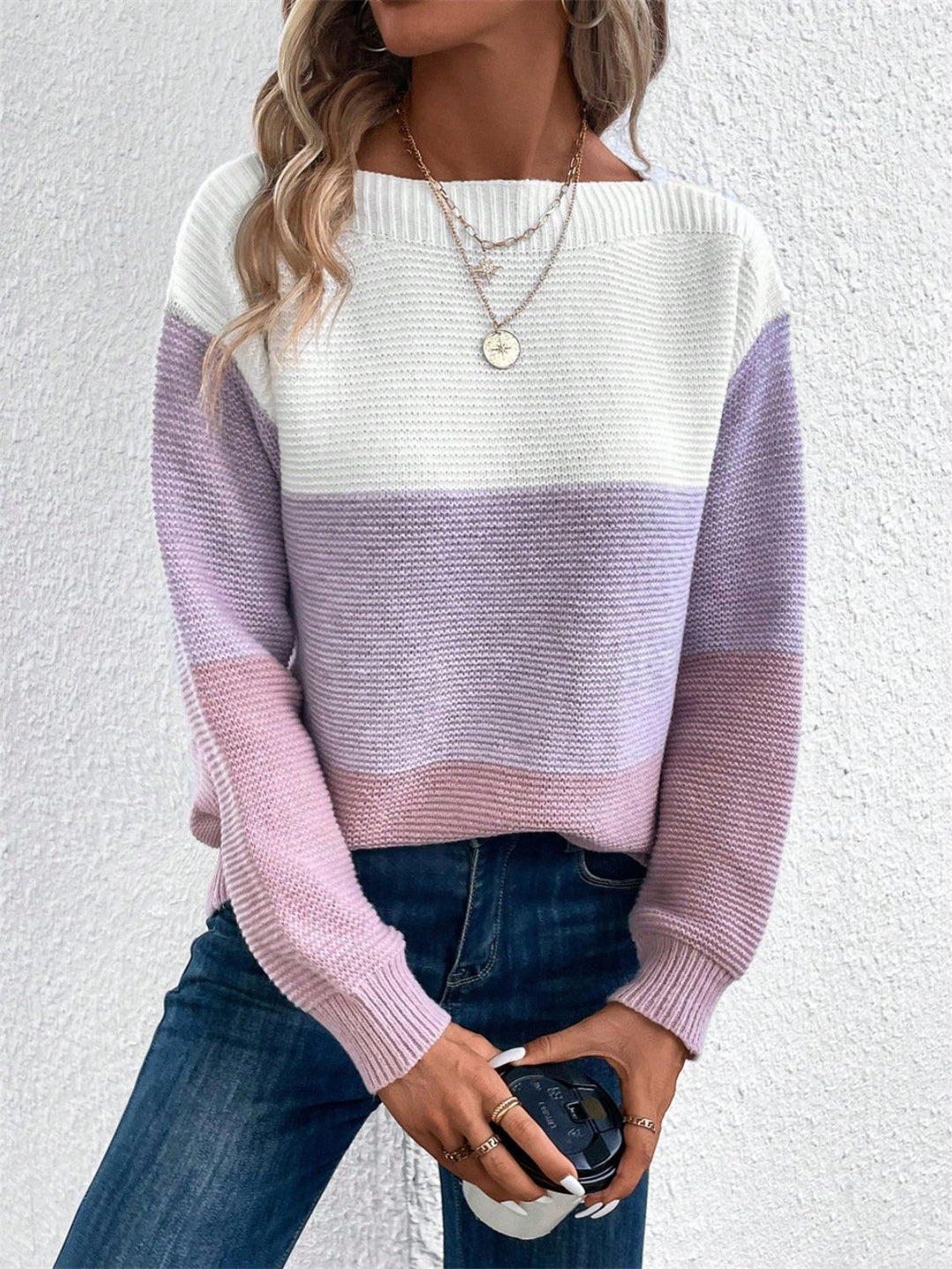 Color Block Drop Shoulder Long Sleeve Sweater