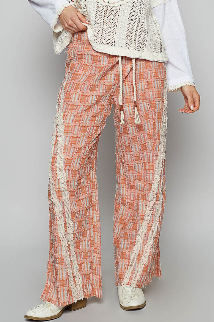 POL Lace Trim Drawstring Checkered Wide Leg Pants