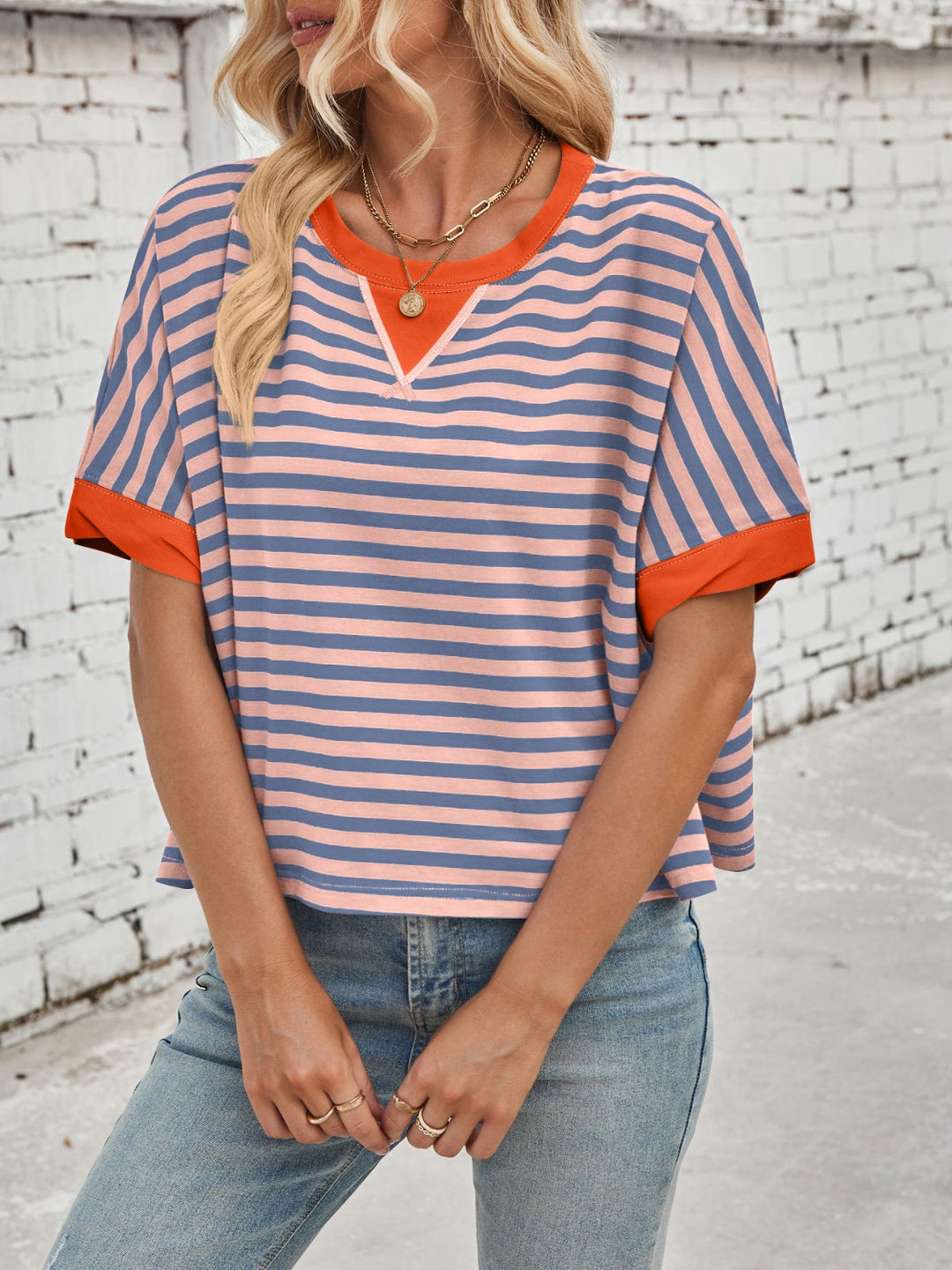 Lovelet Striped Round Neck Short Sleeve T-Shirt