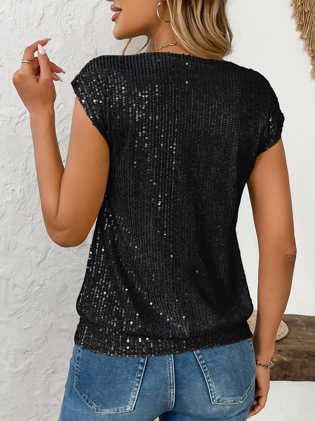 Sequin V-Neck Cap Sleeve Top