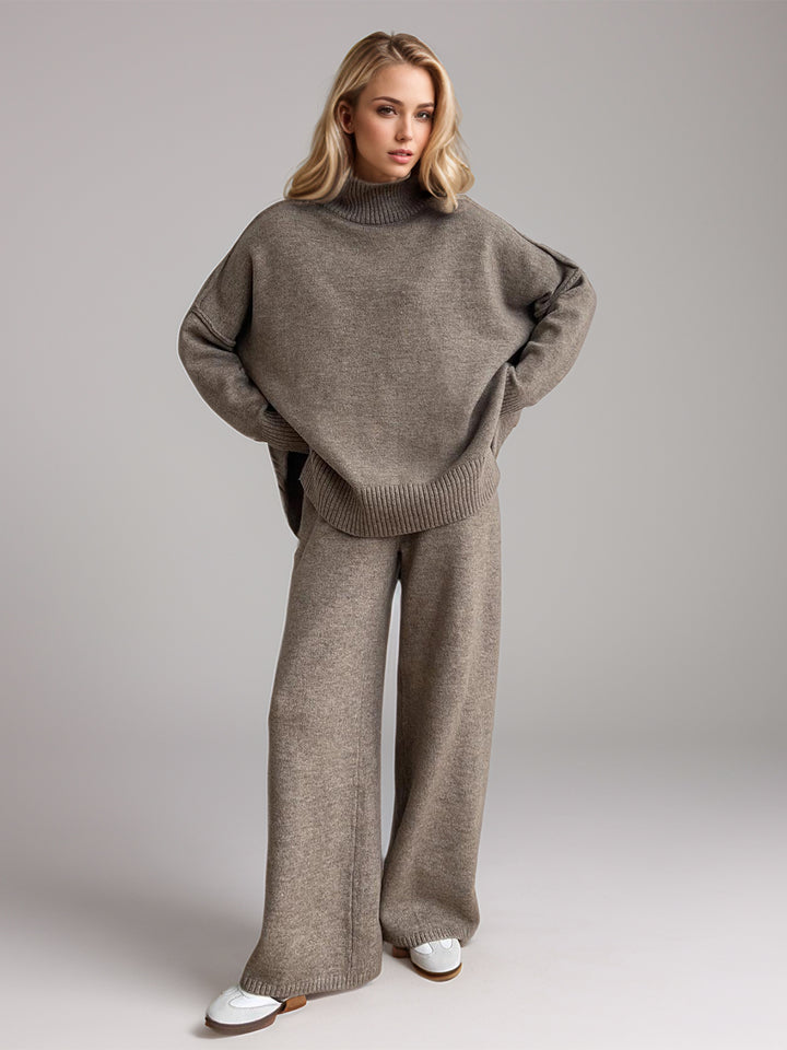 Slit Turtleneck Long Sleeve Top and Pants Sweater Set