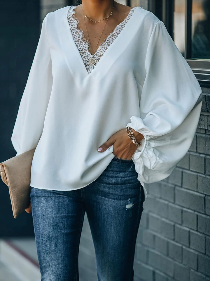 Lace Detail V-Neck Long Sleeve Blouse