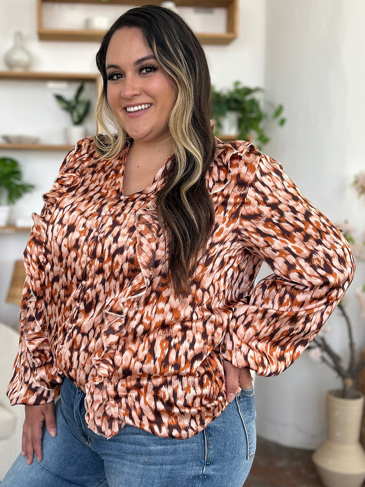 Double Take Full Size Printed Ruffle Trim Balloon Sleeve Shirt