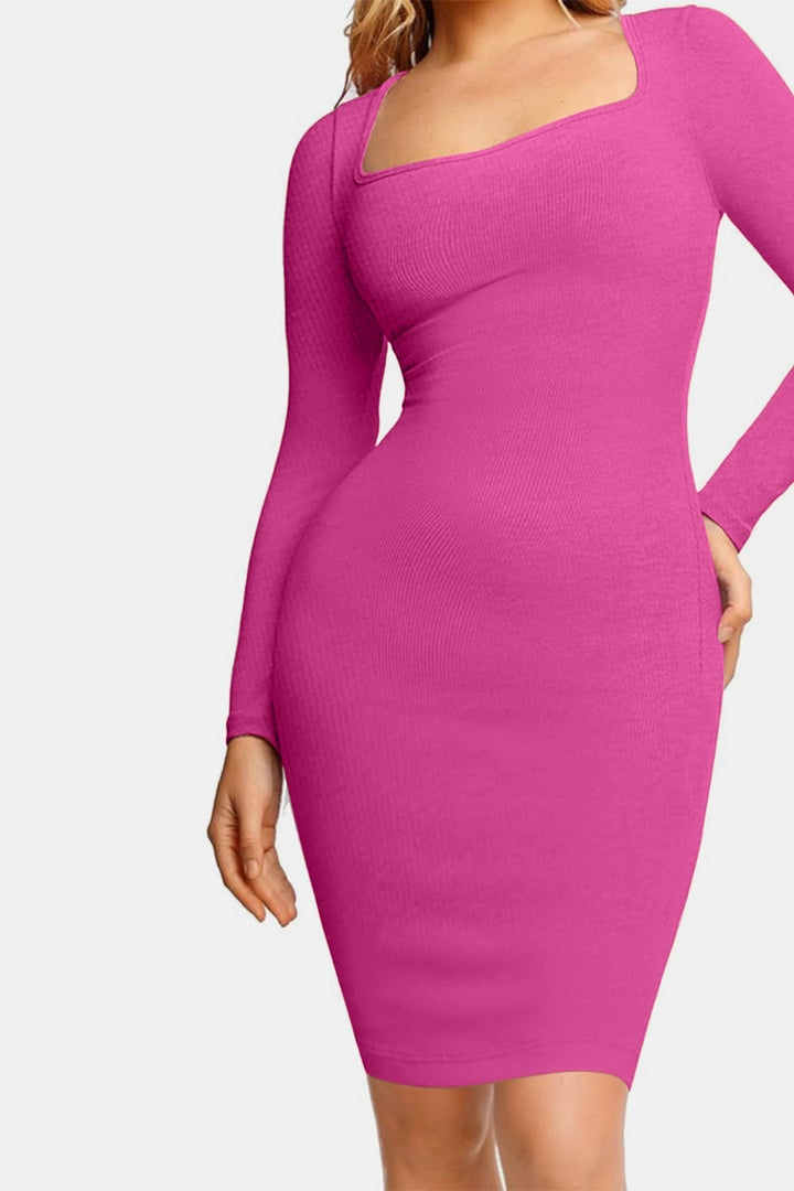 Long Sleeve Dress Square Neck Full Size Built-In Shapewear