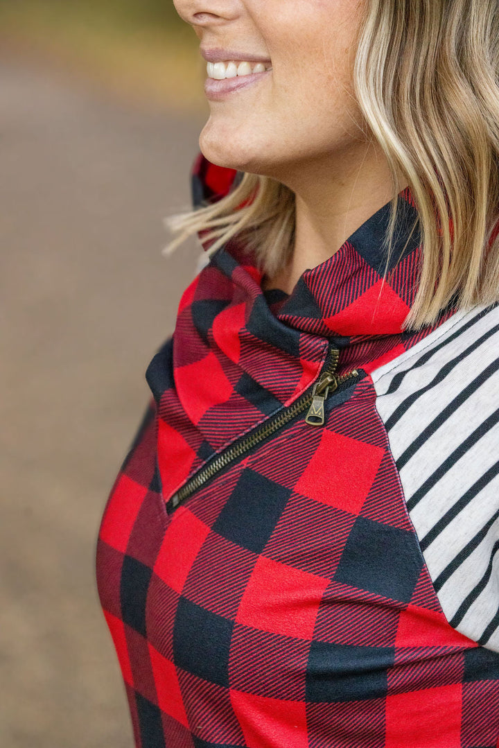 IN STOCK Zoey ZipCowl - Buffalo Plaid and Oatmeal Stripes